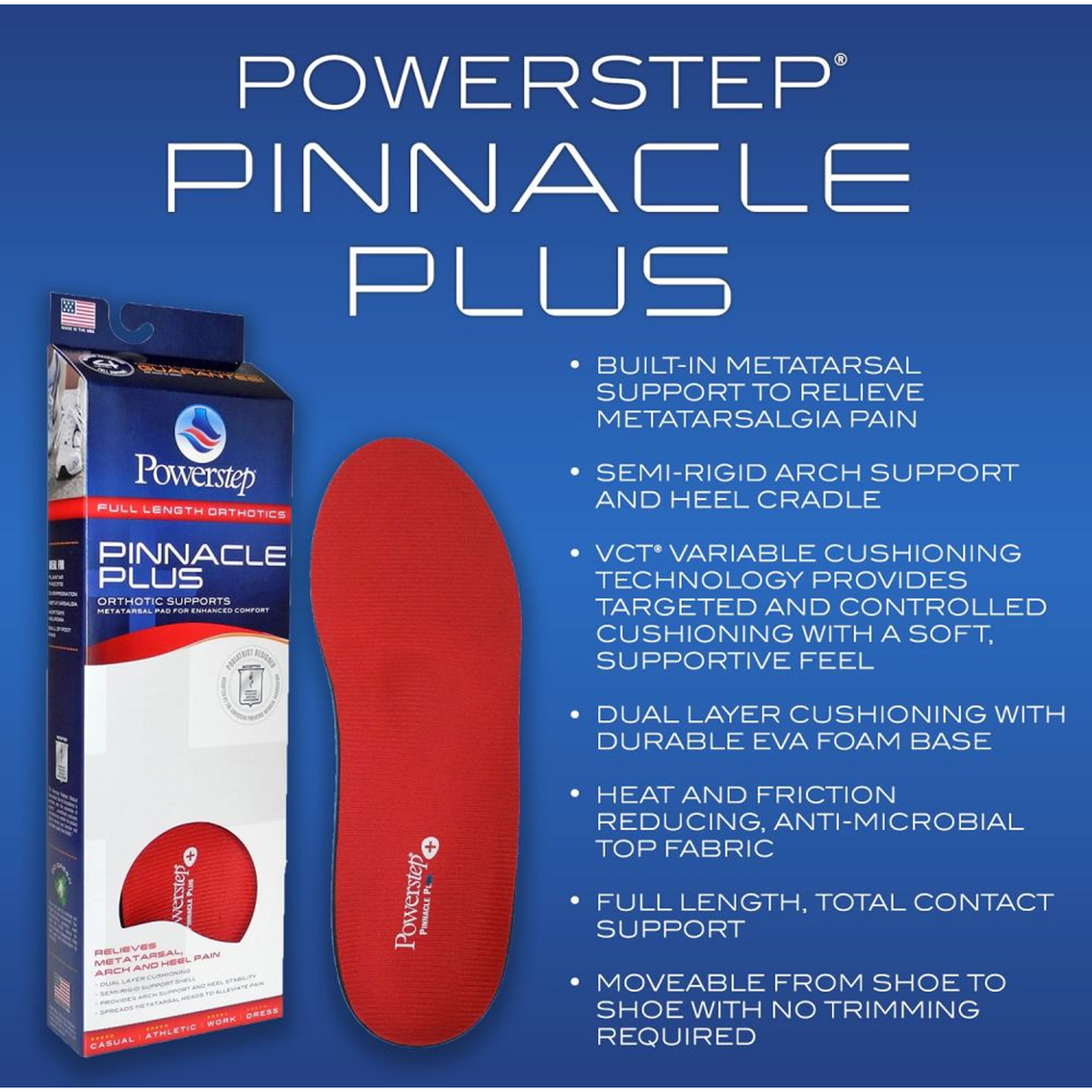 Powerstep Pinnacle Plus Full Length Orthotic Insoles with Metatarsal Support - Image 7 of 10