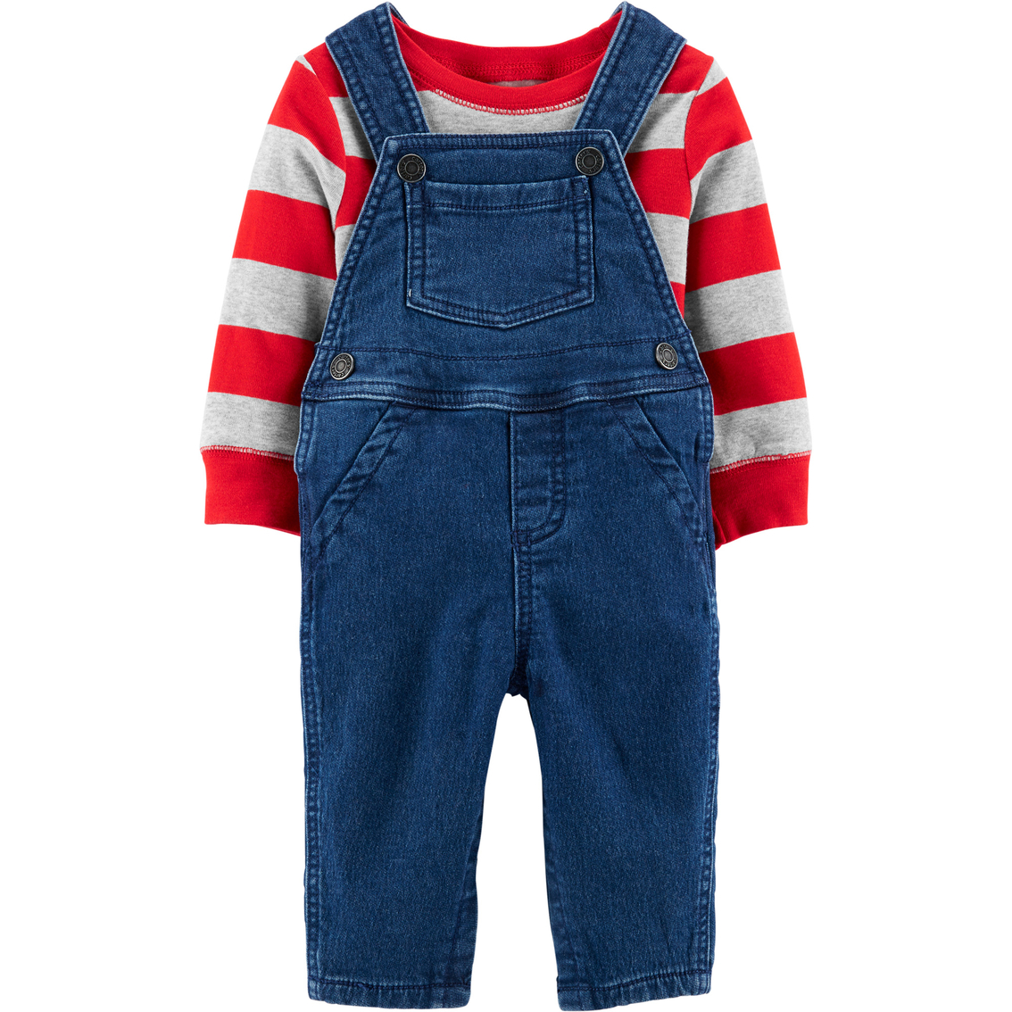 Carter's Infant Boys Denim Overalls With Grey And Red Stripe Top 2 Pc. Set Baby Boy 024