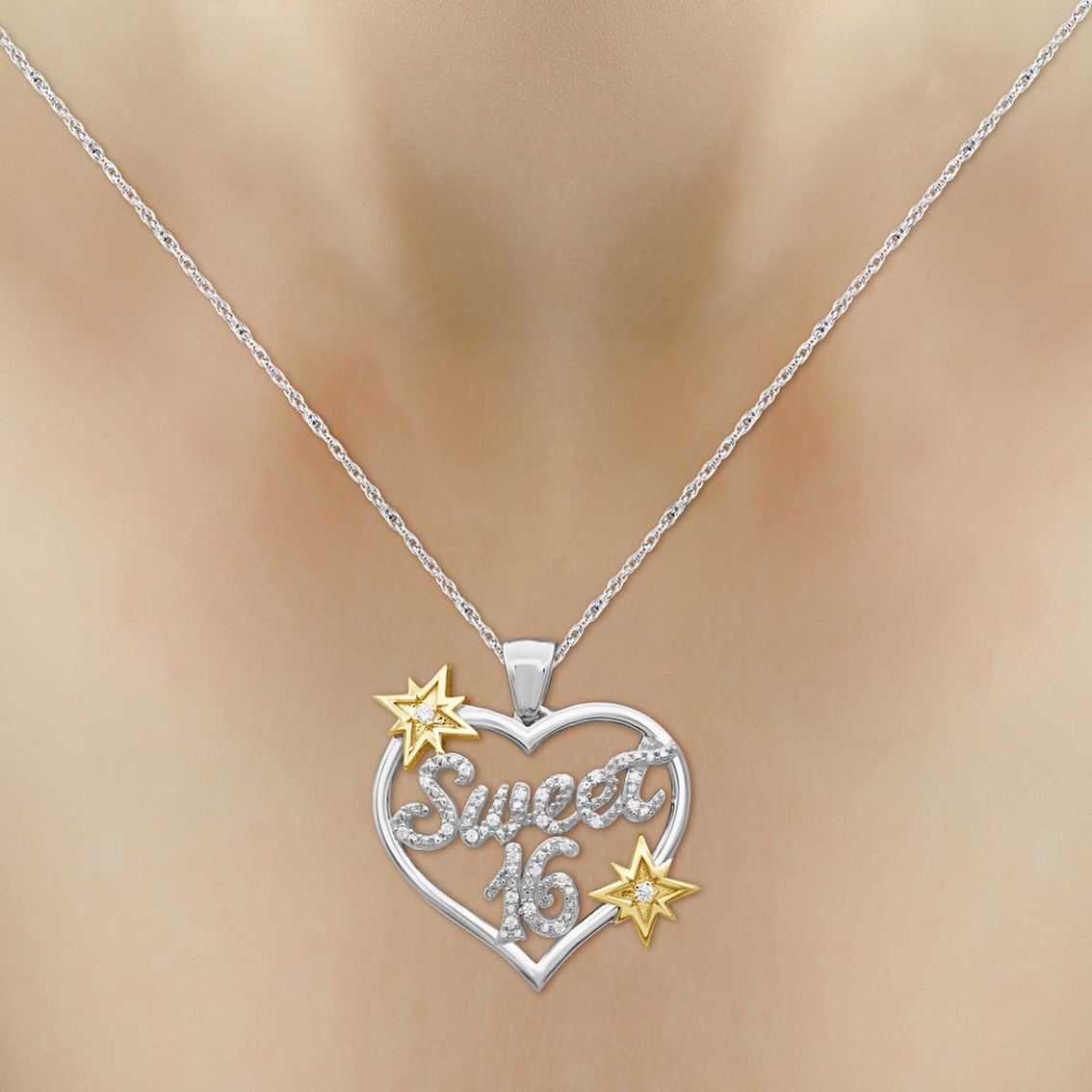 She Shines Sterling Silver and 14K Goldtone 1/7 CTW Diamond Sweet 16 Heart Pendant - Image 3 of 4