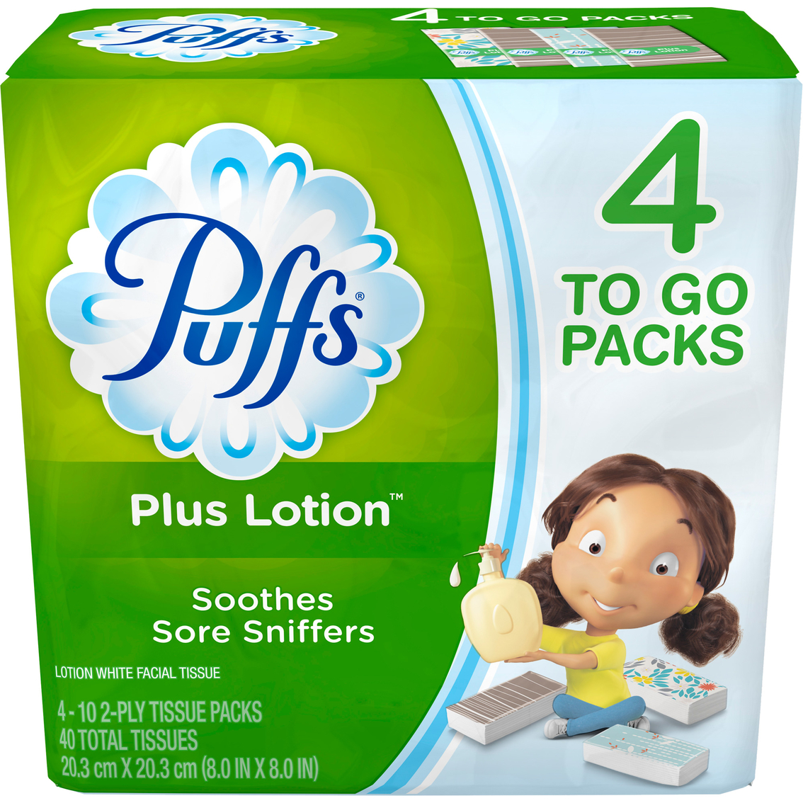 Puffs Plus 4 To Go Tissue Packs, Facial Tissue, Household