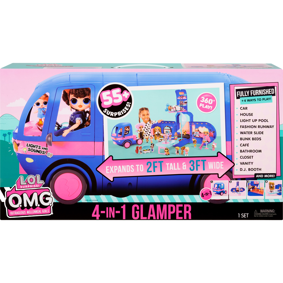 Glamper Fashion Camper Dollhouse LOL Surprise OMG 4-in-1 with 55 Surprises Blue 