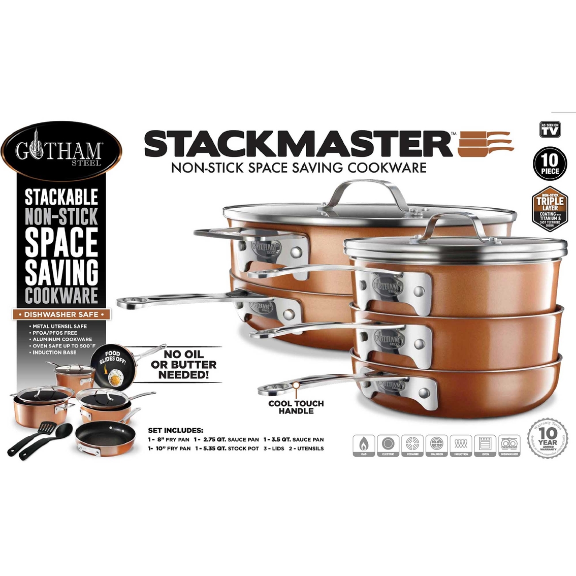 Gotham Steel Stackmaster Stackable Space Saving 10 Piece Aluminum Nonstick Cookware  Set & Reviews