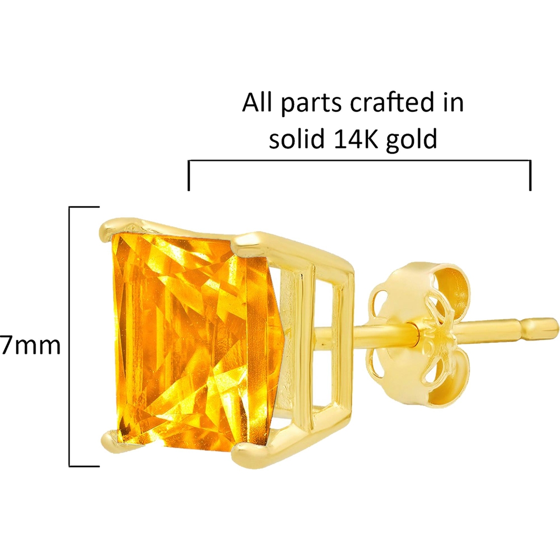 14K Gold 7mm Solitaire Princess Cut Citrine Stud Earrings - Image 2 of 2