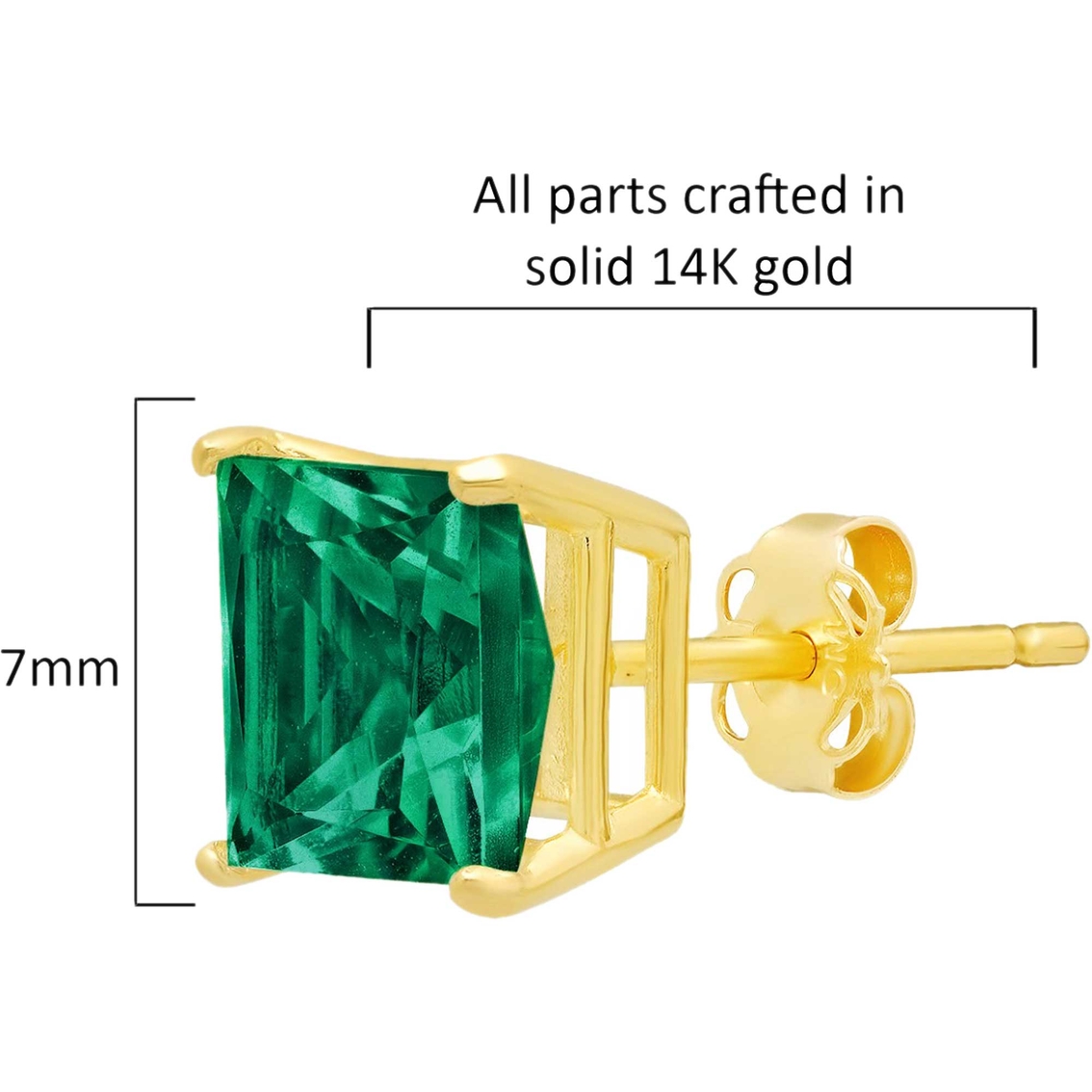 14K Yellow Gold Solitaire Princess Cut Created Emerald Stud Earrings - Image 2 of 2