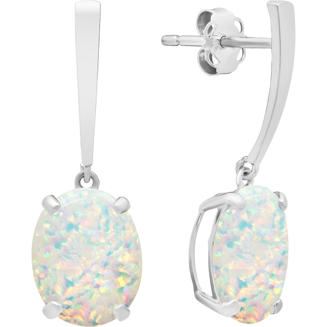 14K White Gold Oval Shape Created Opal Dangle Drop Earrings - Image 2 of 3