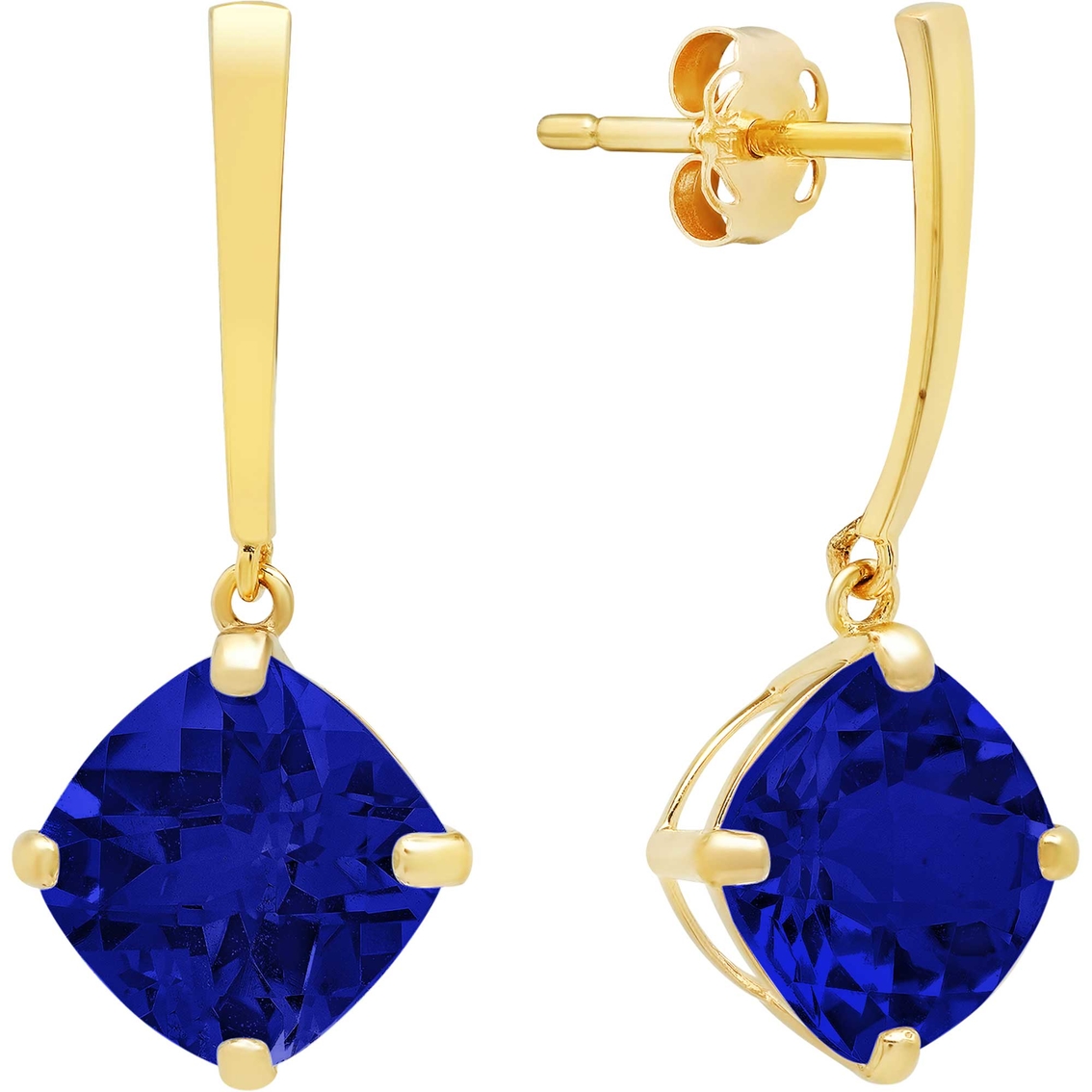 14k Gold Cushion Shape Lab Created Blue Sapphire Drop Earrings ...