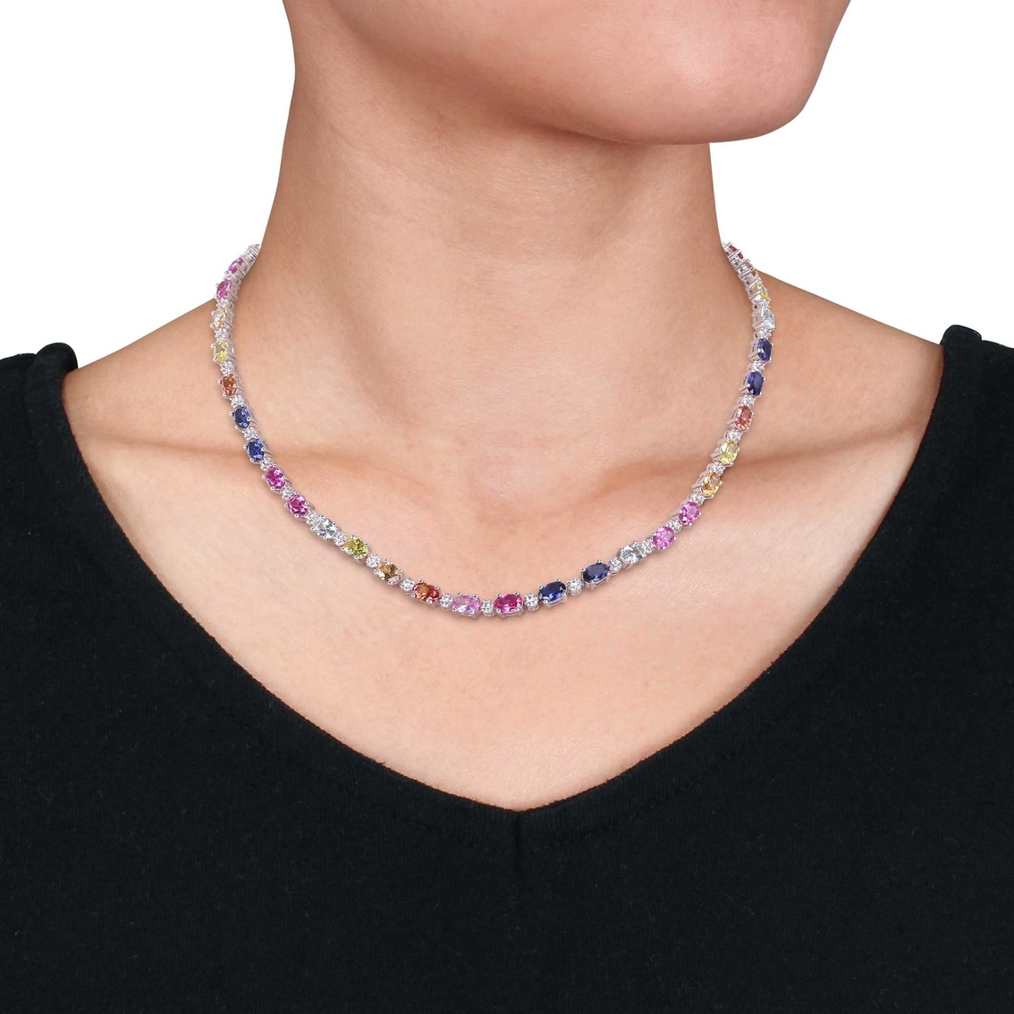 Sofia B. Sterling Silver Multicolor Lab Created Sapphire Tennis Necklace - Image 3 of 3