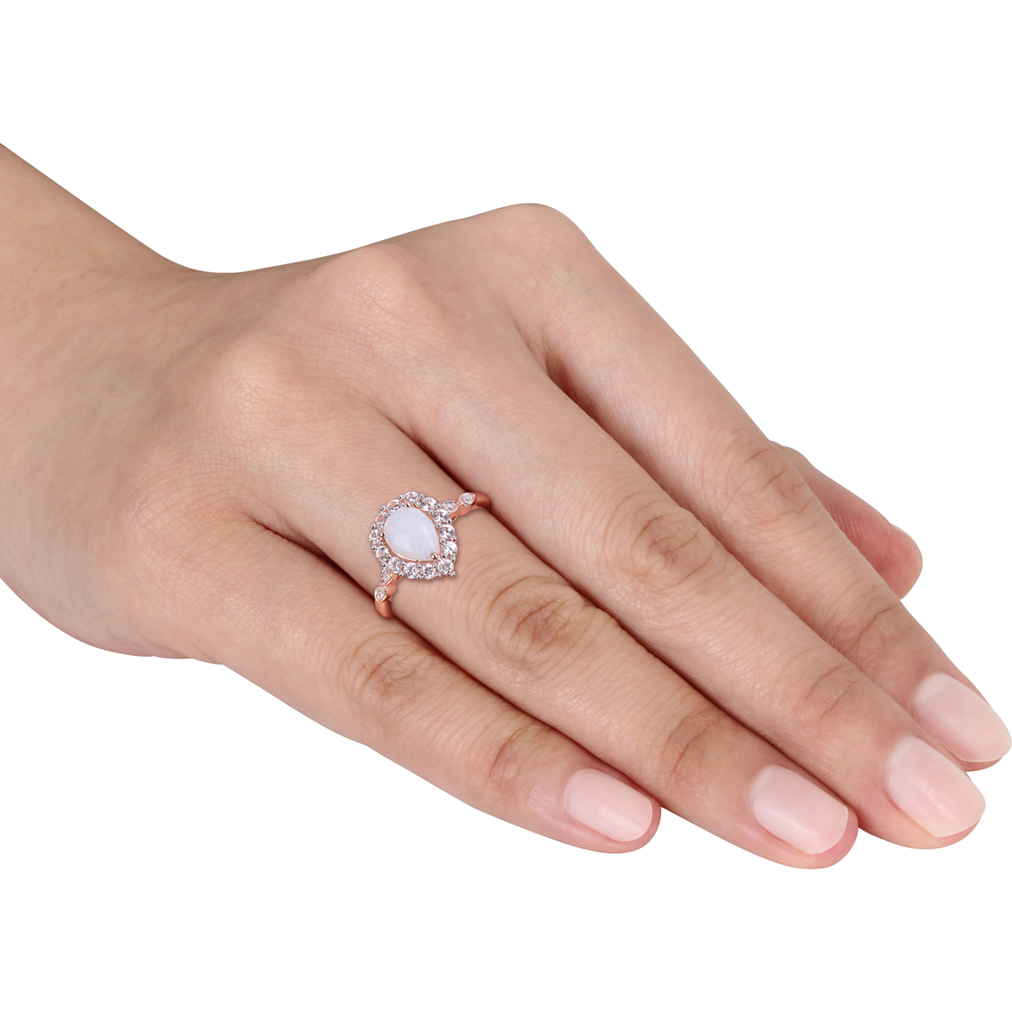 10K Rose Gold Opal Created White Sapphire Diamond-Accent Teardrop Halo Ring - Image 4 of 4