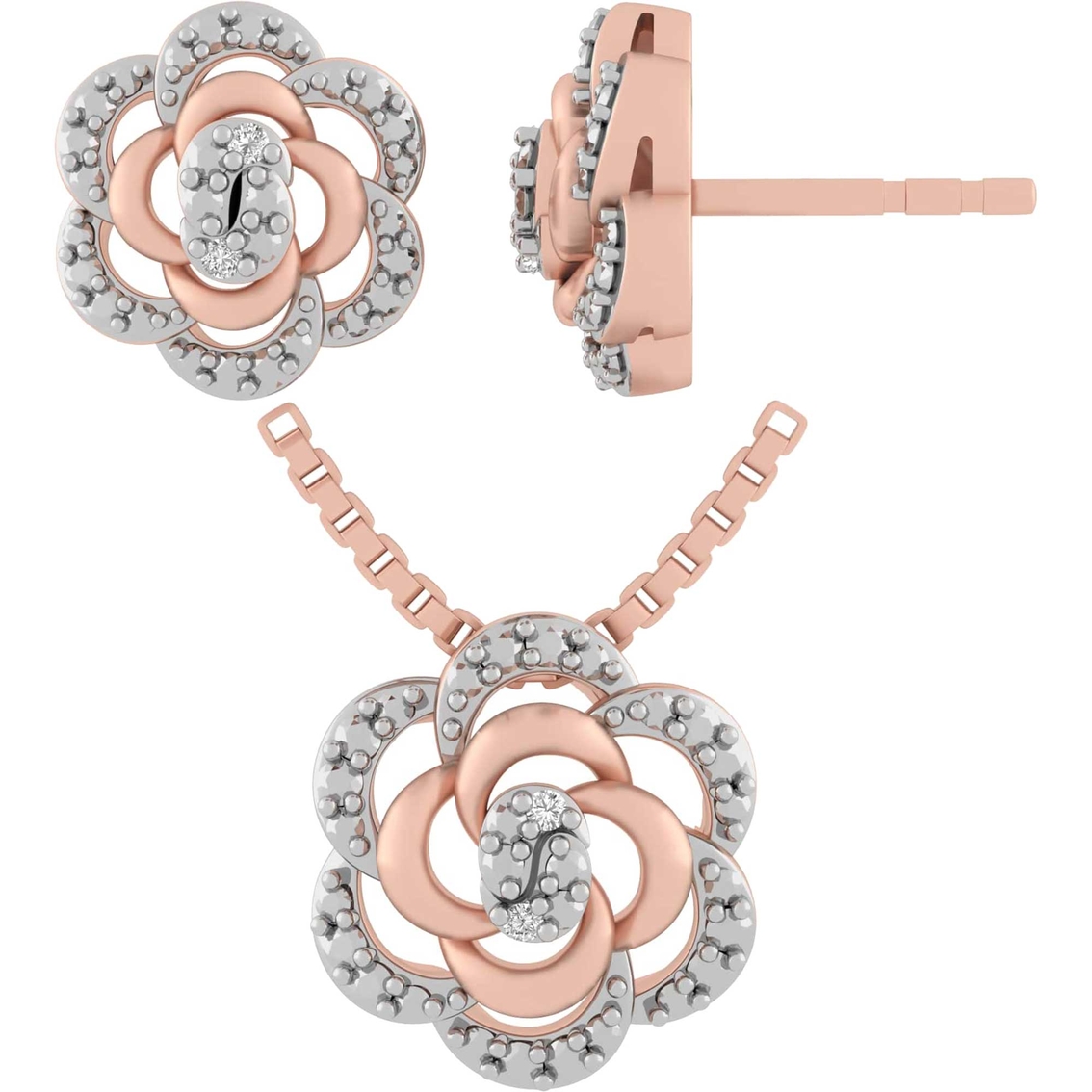 Sterling Silver 10K Rose Goldtone Diamond Accent Earrings and Pendant Flower Set - Image 2 of 6