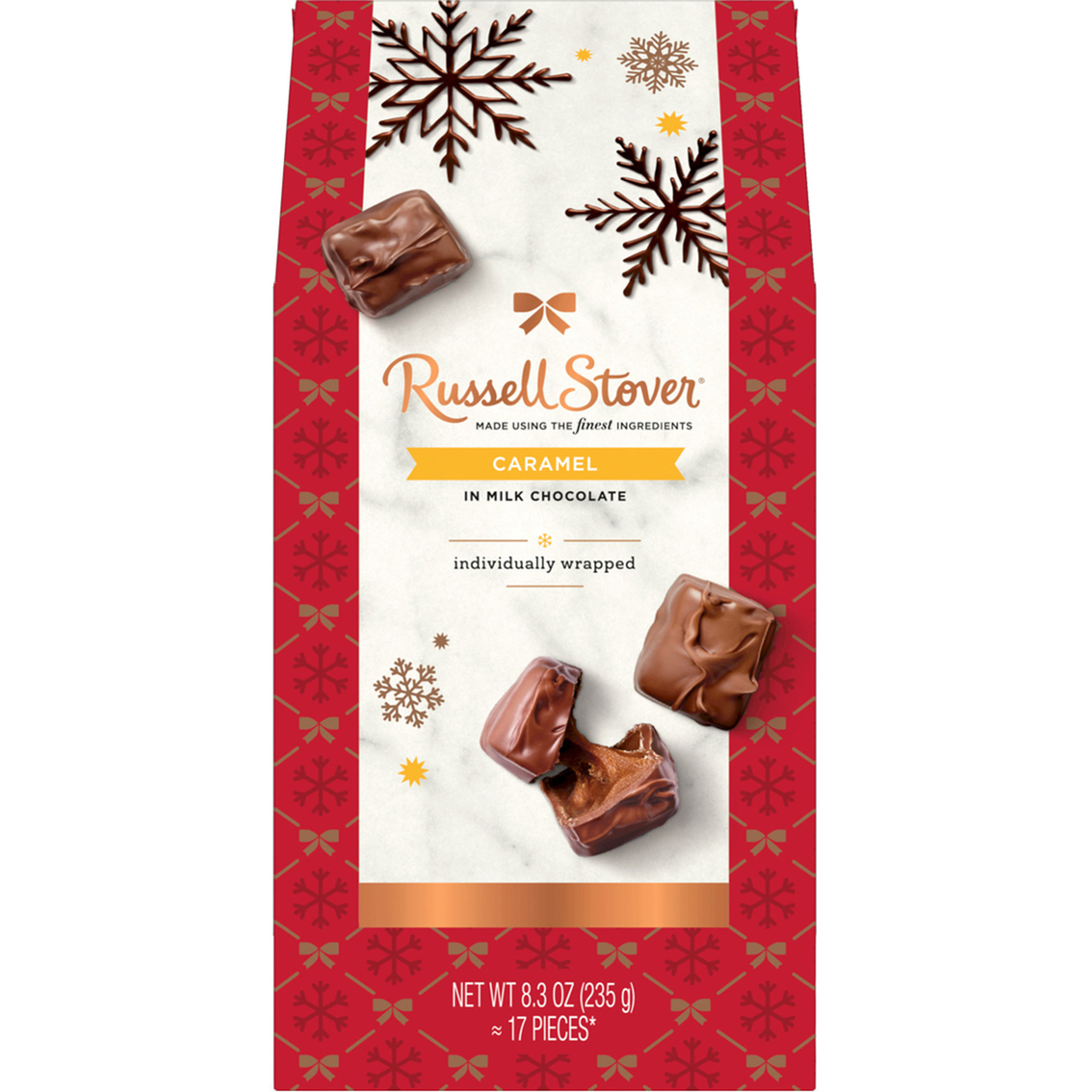 Russell Stover Milk Chocolate Caramels Holiday Candy in Stand Up Box
