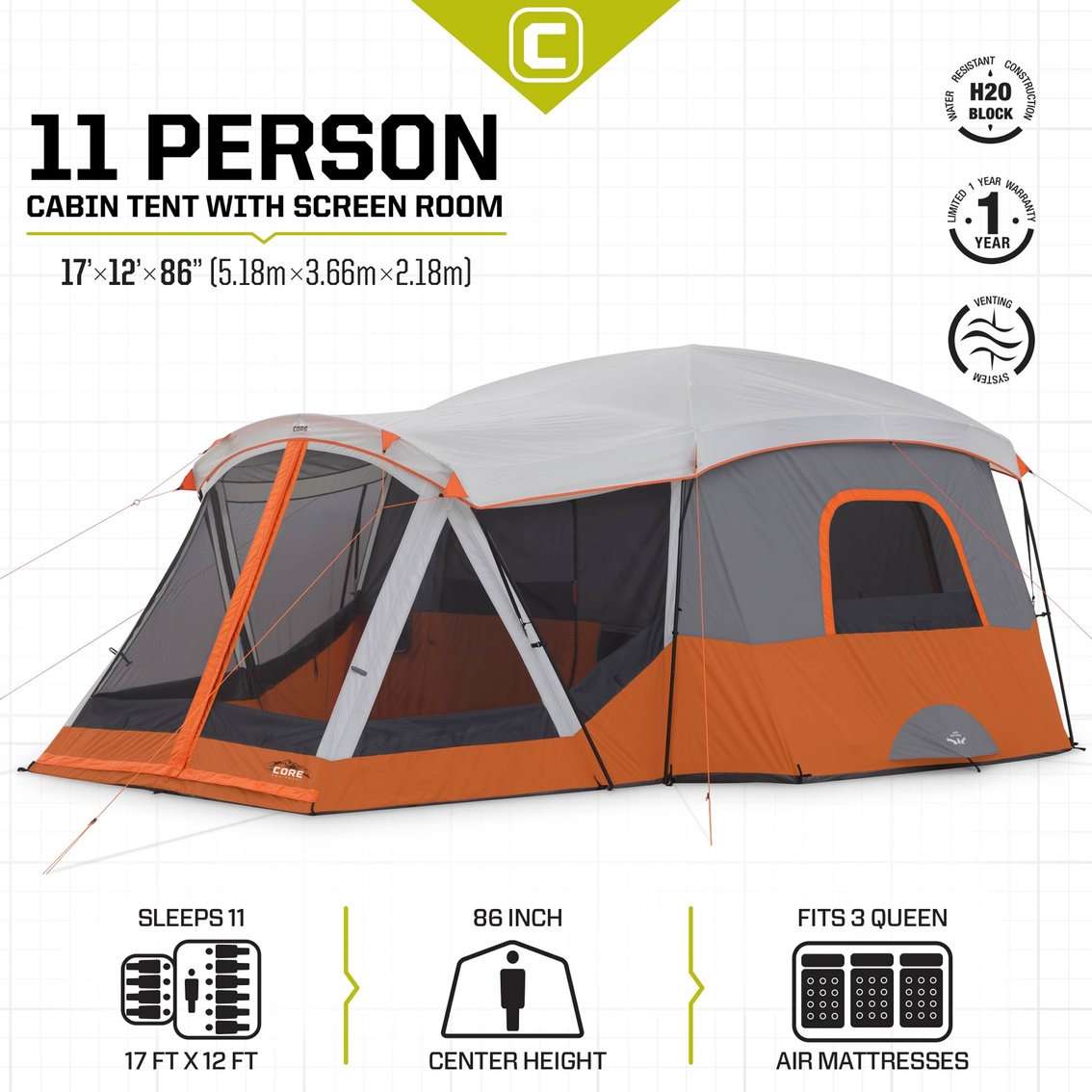 CORE Large 10-Person Tent, Large Standing Room w Tent Gear, Loft Gear  Organiser for Camping Gear, Multi Room for Family, Best Cabin Tent for  Camping - Outdoorsi