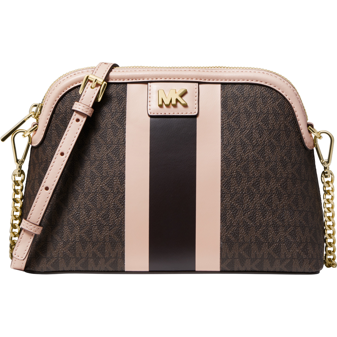 Michael Kors Large Logo Stripe Dome Crossbody Bag, Brown/soft Pink, Crossbody Bags, Clothing & Accessories