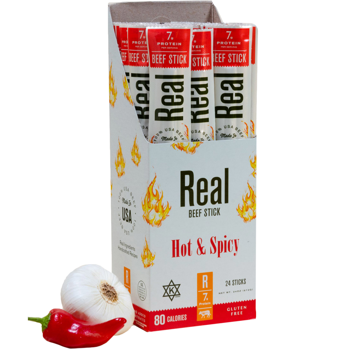 Real Snacks Hot & Spicy Kosher Angus Beef Sticks 144 ct., 1.2 oz. ea.