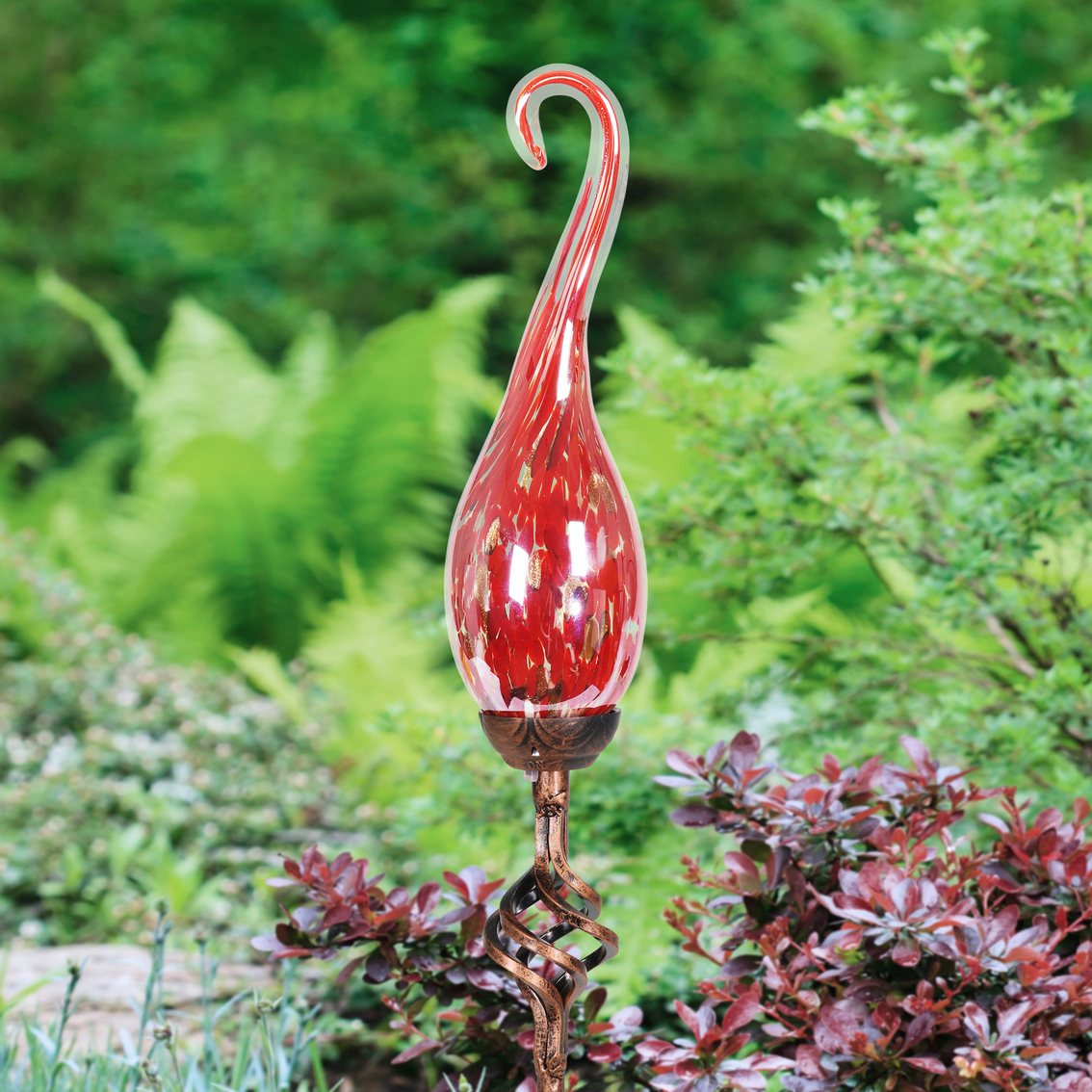Exhart Solar Hand Blown Red Glass Spiral Flame Garden Stake - Image 2 of 3