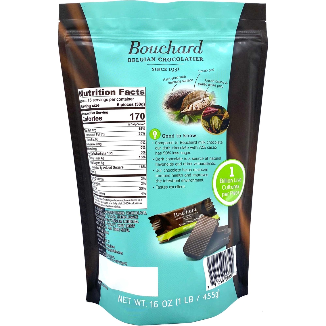 Bouchard Belgian Dark Probiotic Chocolate, 2 bags of 1 lb. each - Image 2 of 2