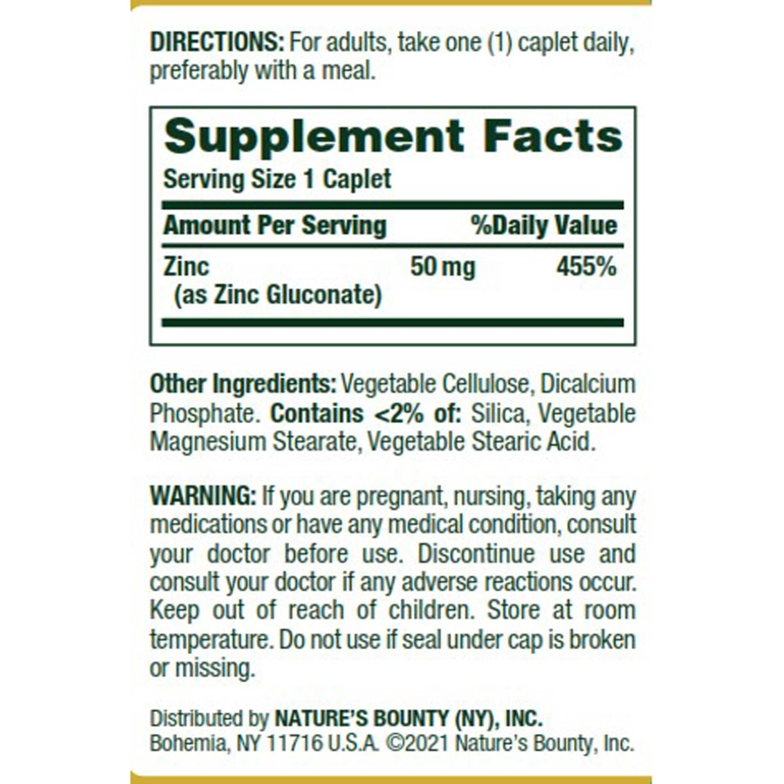 Nature's Bounty Zinc 50 mg Caplets 200 ct. - Image 2 of 2
