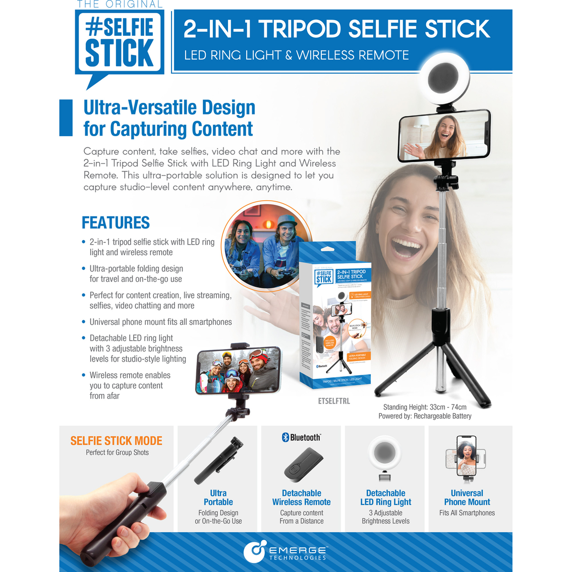 Emerge 2 in 1 LED Ring Light Selfie Stick Tripod with Remote - Image 3 of 4