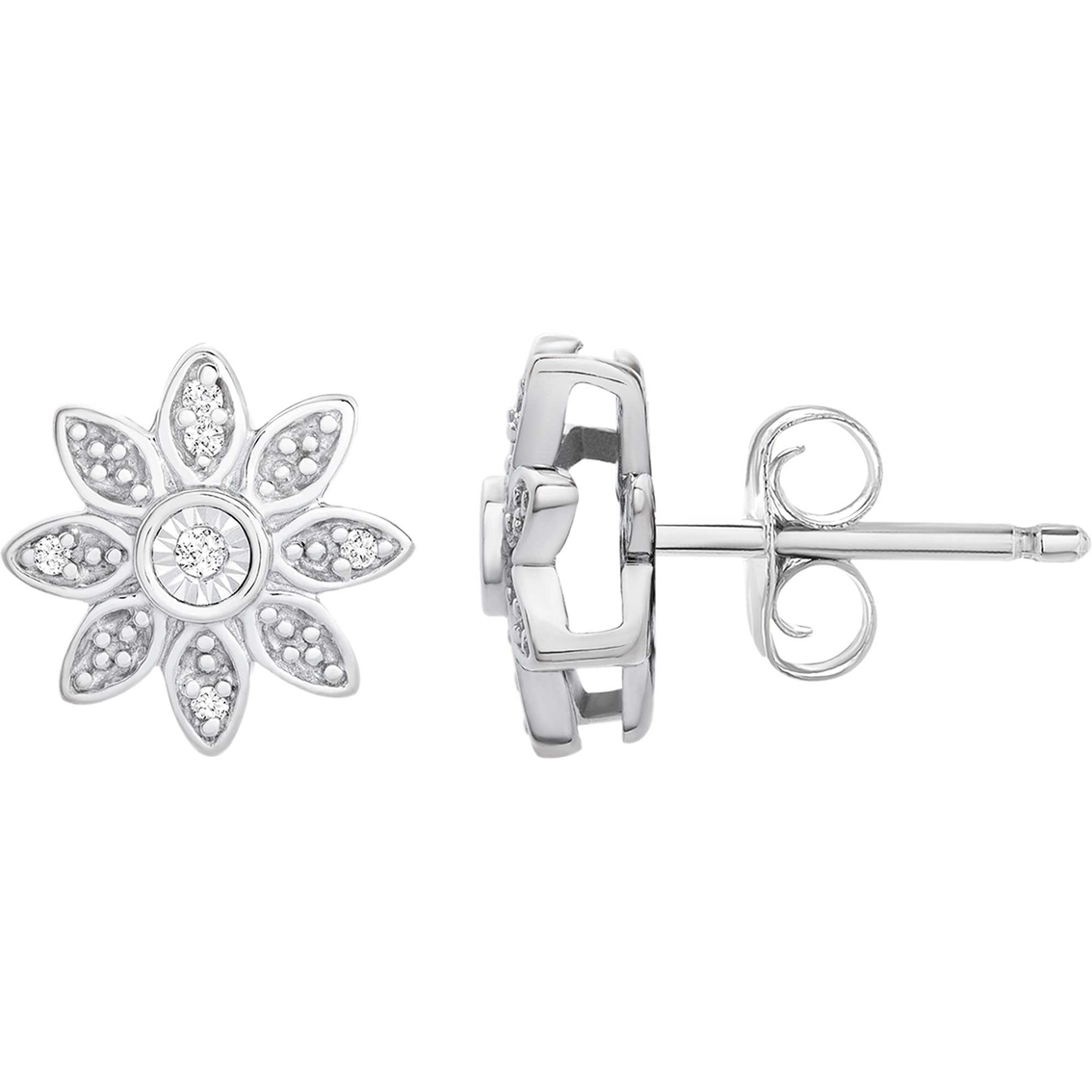 Sterling Silver 1/10 Ctw Diamond Flower Stud Earrings | Diamond Stud
