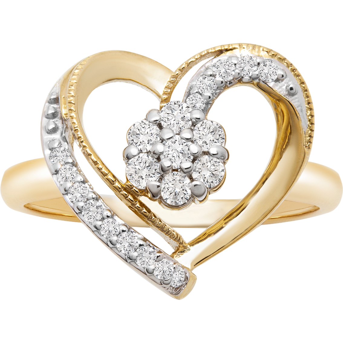 10k Yellow Gold 1/4 Ctw Diamond Cluster Heart Ring | Diamond Fashion ...