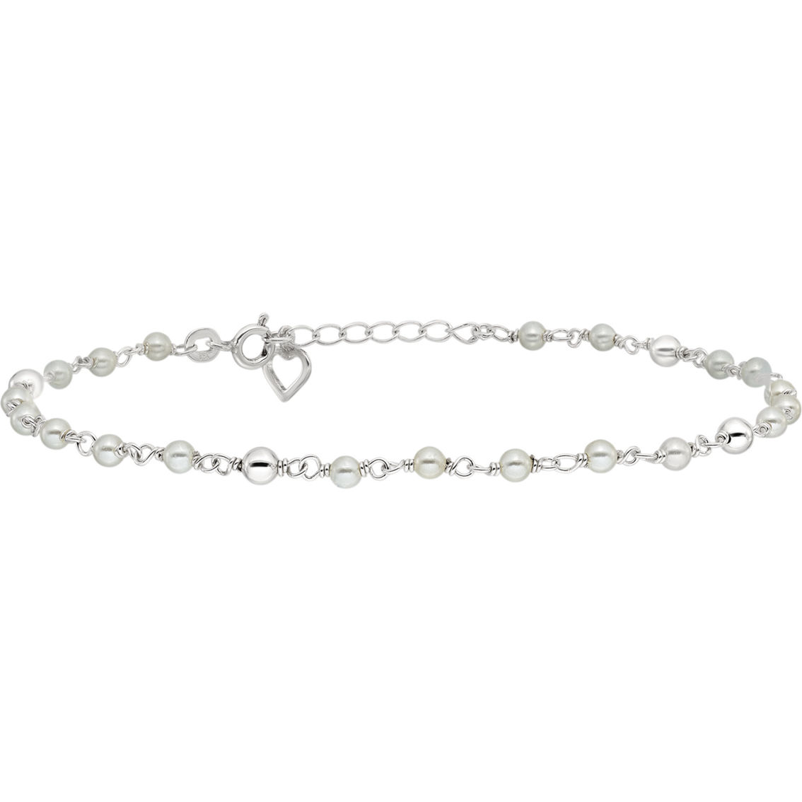 Sterling Silver Polished 9in Plus 1in ext FWC Pearl and Heart Anklet - Image 2 of 6
