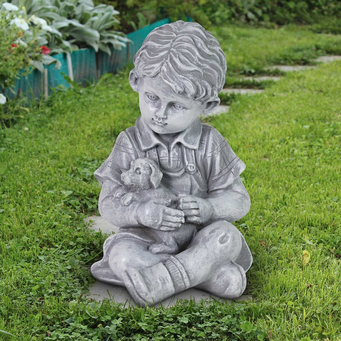 Exhart Young Boy with Puppy Resin Garden Statue - Image 2 of 2