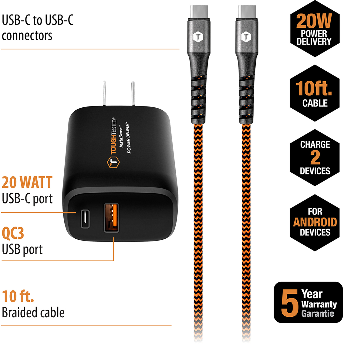 ToughTested 20W PD A+C Wall Charger with 10 ft. Fabric Braid C to C Cable - Image 3 of 5