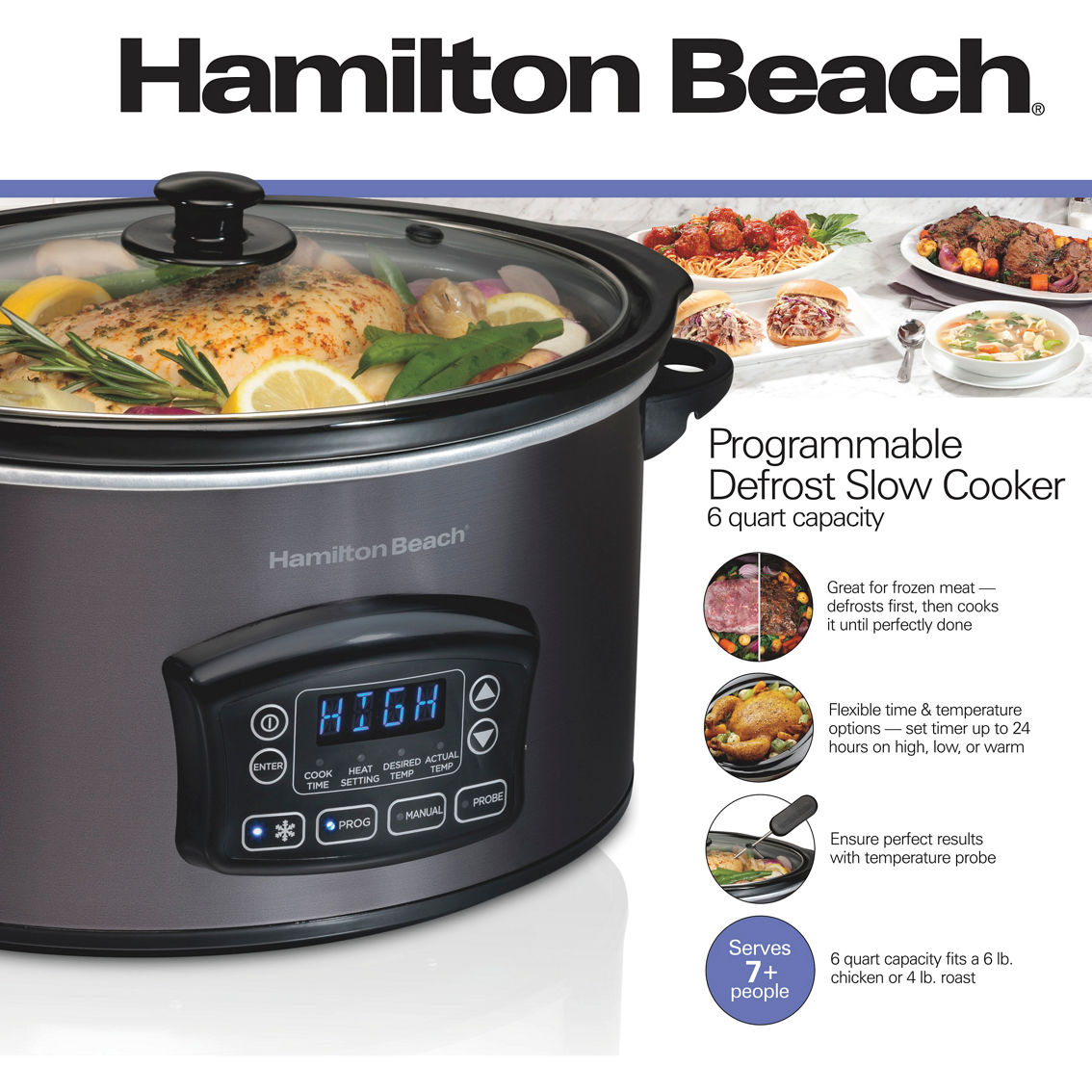 Hamilton Beach Programmable Defrost Slow Cooker, 6 Quart Capacity,  Temperature Probe, Removable Crock, Black, 33768