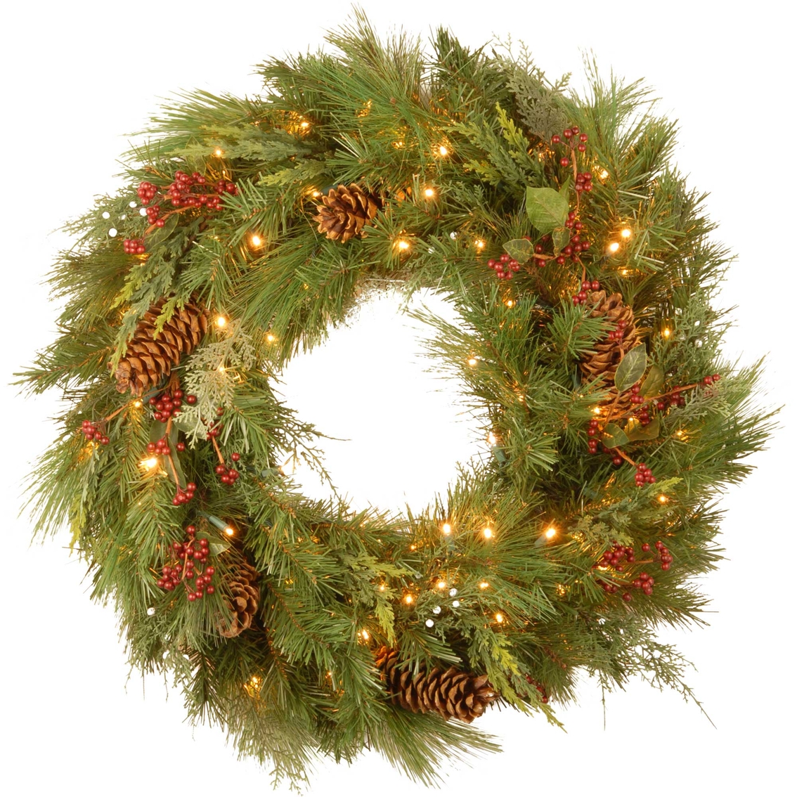 National Tree Company 30 in. White Pine Wreath with Warm White LED Lights