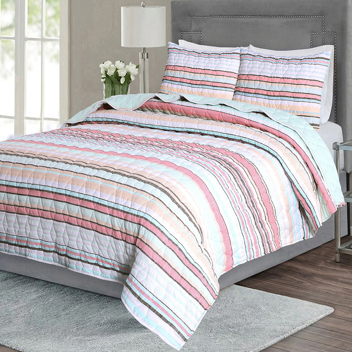 EnvioHome Cotton Blend Reversible Seersucker Striped Quilt Set - Image 2 of 4
