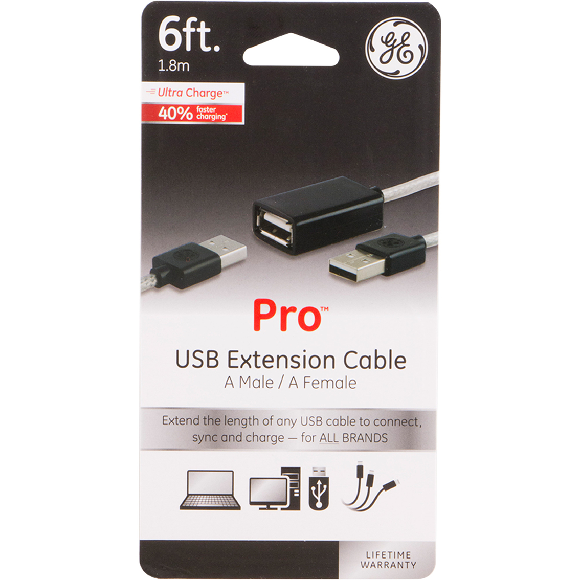GE 6ft USB Extension Cable, Works with All Brands of USB-Enabled Devices,  Limited Lifetime Warranty, Black, 34505