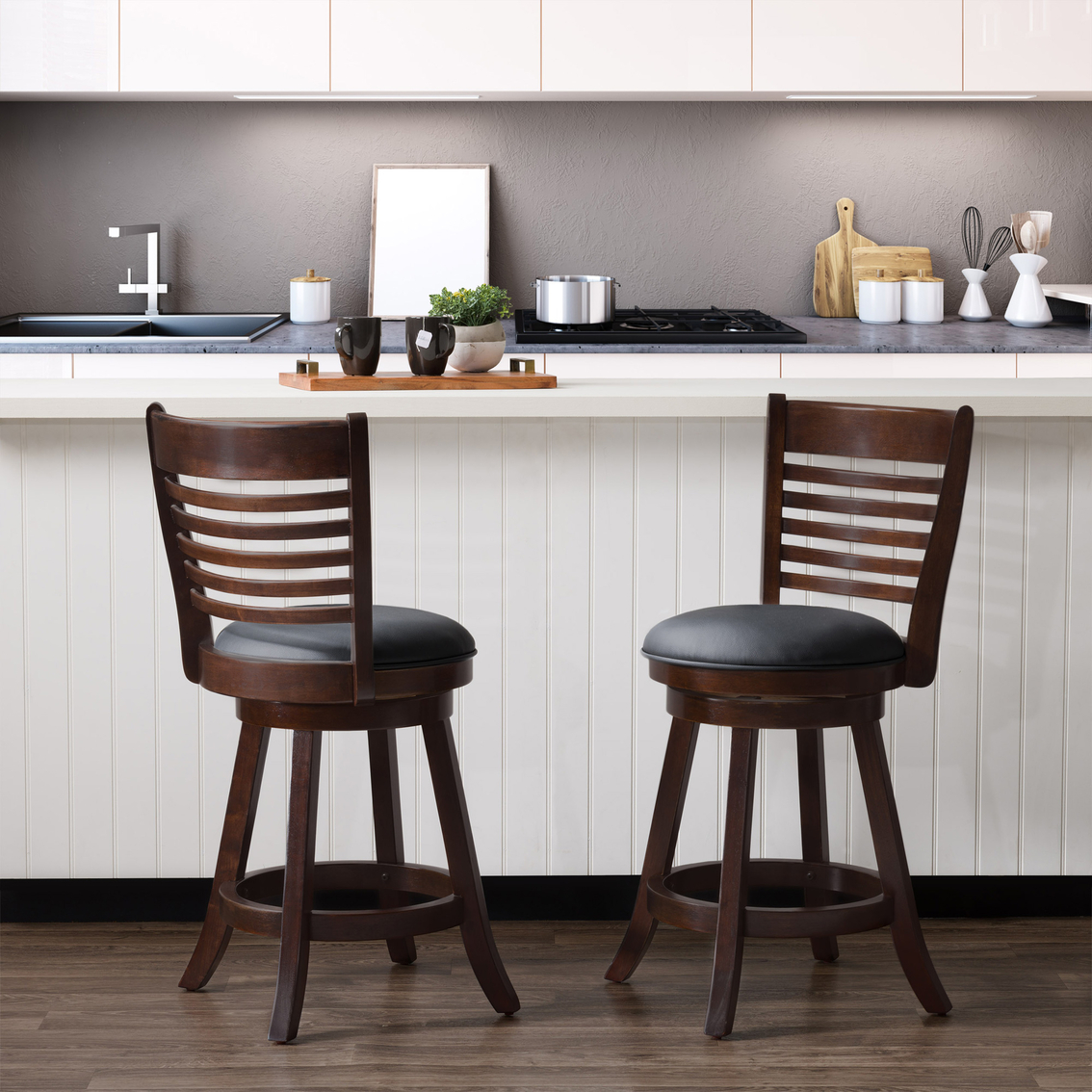 CorLiving Woodgrove Counter Height Bar Stools with Slat Backrests Set of 2 - Image 8 of 8