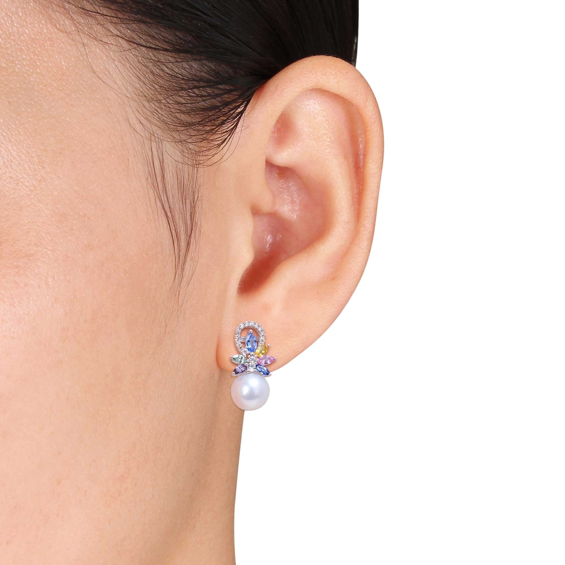 Sofia B. 14K White Gold Pearl Multicolor Sapphire Diamond Flower Drop Earrings - Image 2 of 2