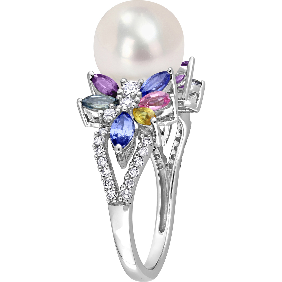 Sofia B. 14K White Gold Pearl Multicolor Sapphire 1/8 CTW Diamond Flower Ring - Image 2 of 4