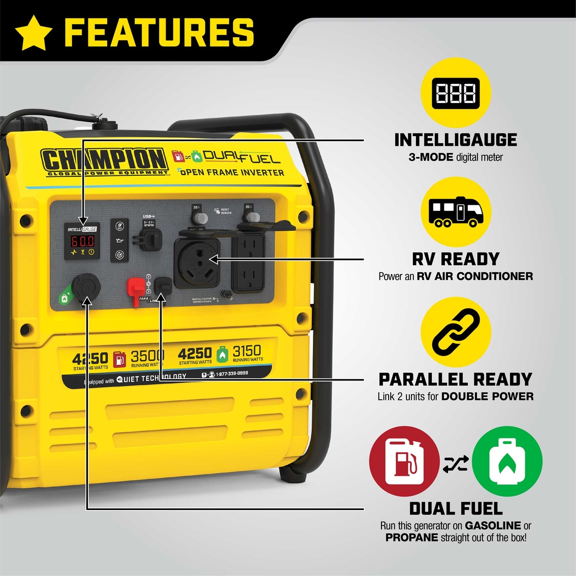 Champion 4250W Dual Fuel RV Ready Open Frame Inverter Generator with Quiet Tech - Image 4 of 8