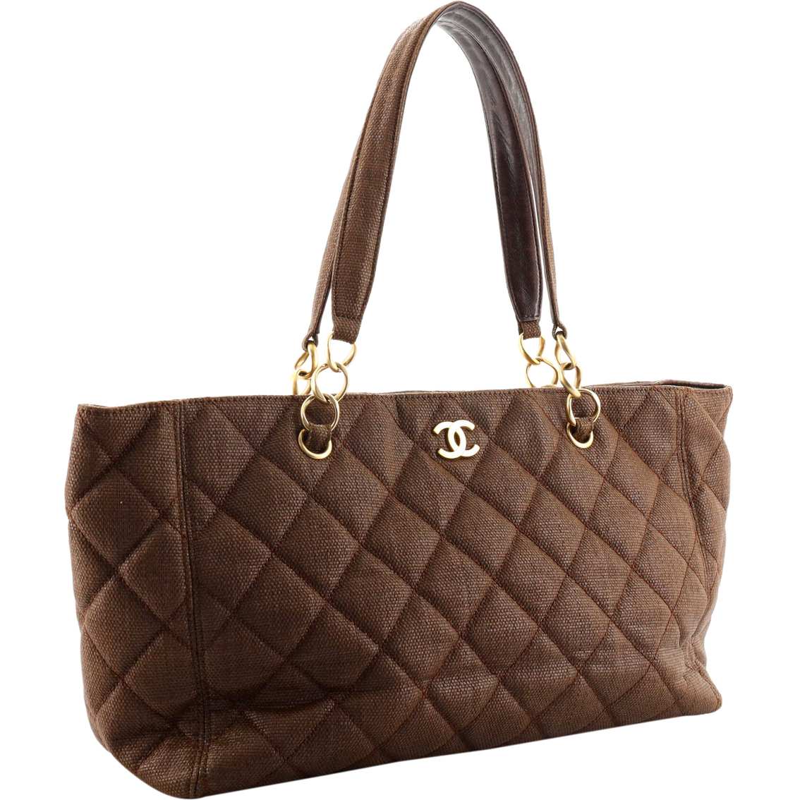 Chanel Vintage Brown Quilted Raffia Cc Chain Large Tote Bag (pre