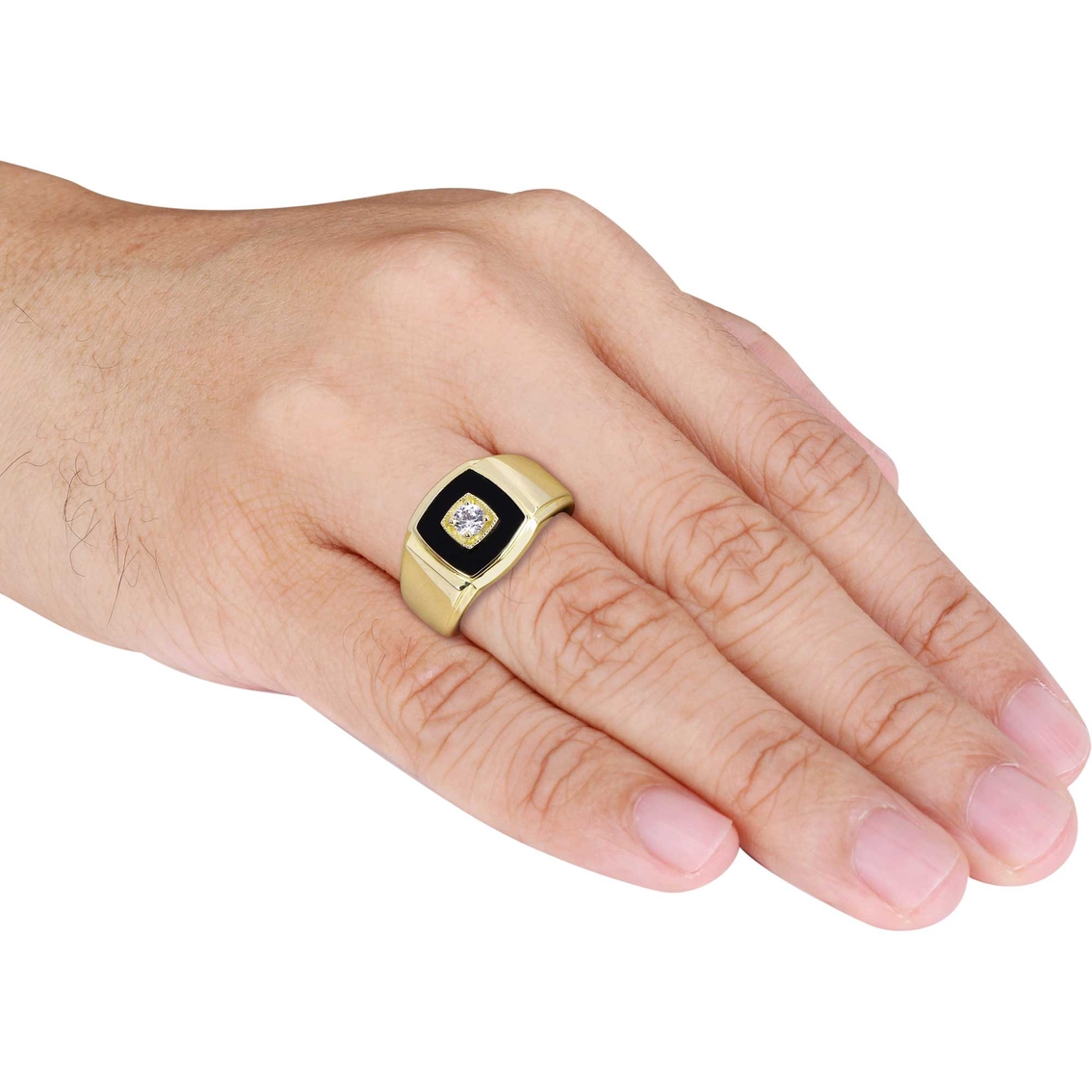 Sofia B. Yellow Plated Silver Black Onyx and Created White Sapphire Square Ring - Image 4 of 5
