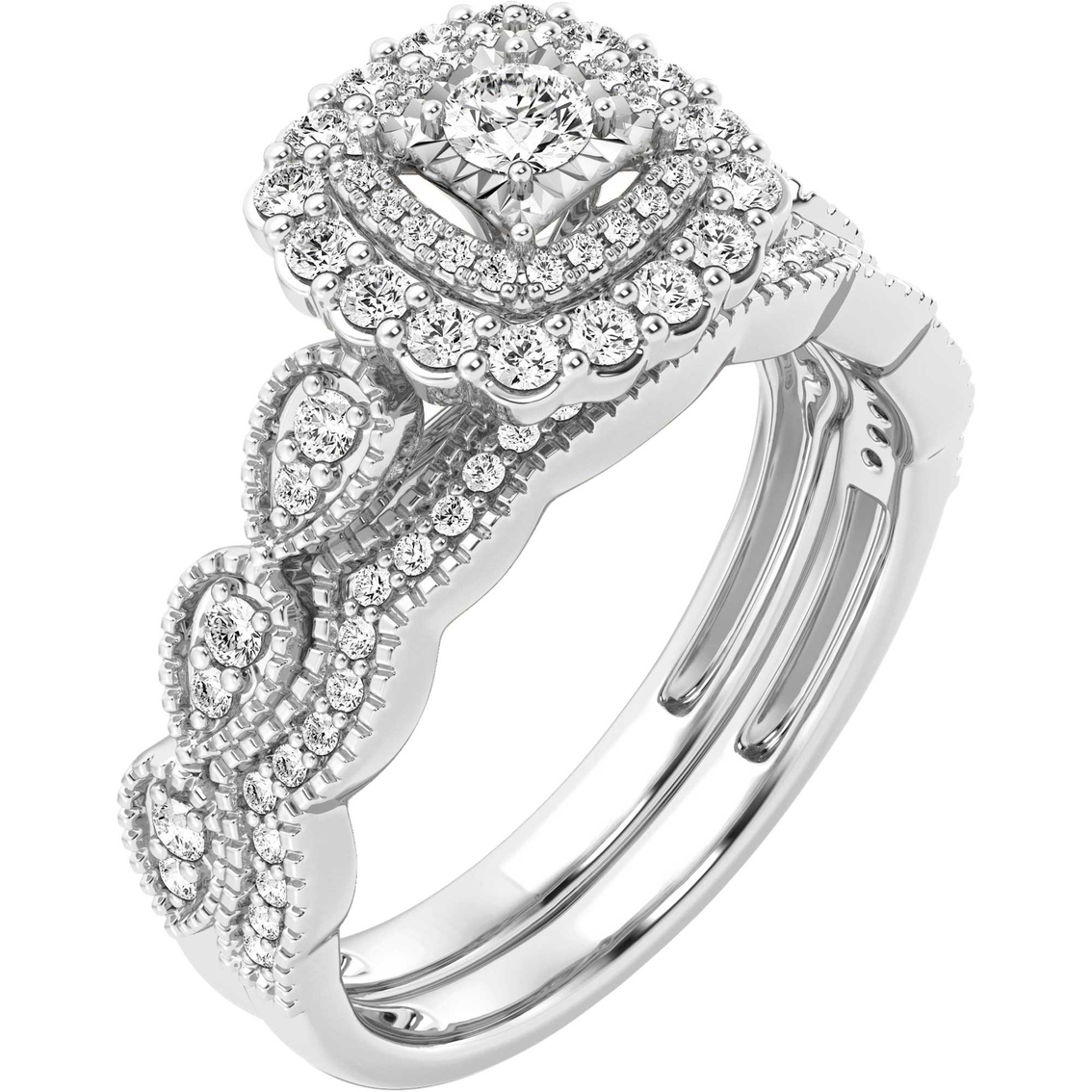 10K White Gold 5/8 CTW Diamond Cushion Shape Bridal Set Size 7 - Image 2 of 6