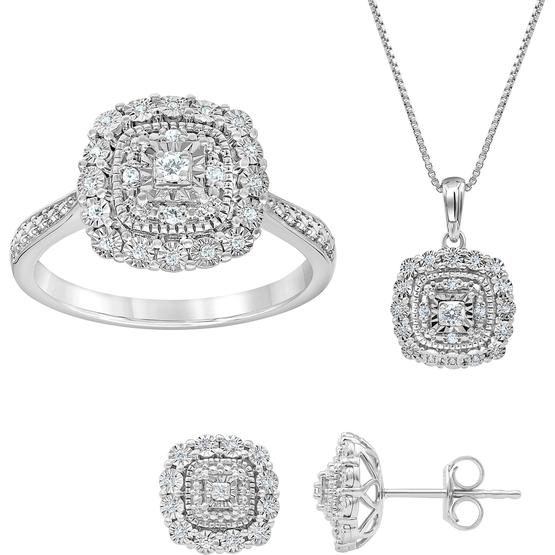 Sterling Silver 1/3 CTW Diamond Cushion Shape Ring, Earring and Pendant Set - Image 1 of 4