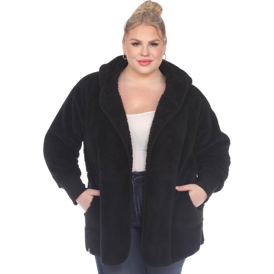 White Mark Plus Size Plush Hooded Sherpa Cardigan With Pockets ...