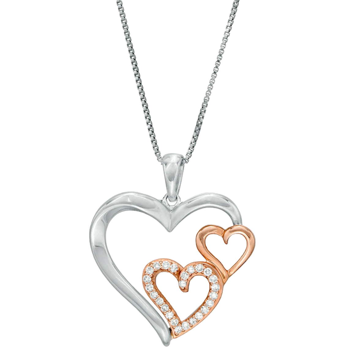 Sterling Silver And 10k Rose Gold 1/8 Ctw Diamond Hearts Pendant ...