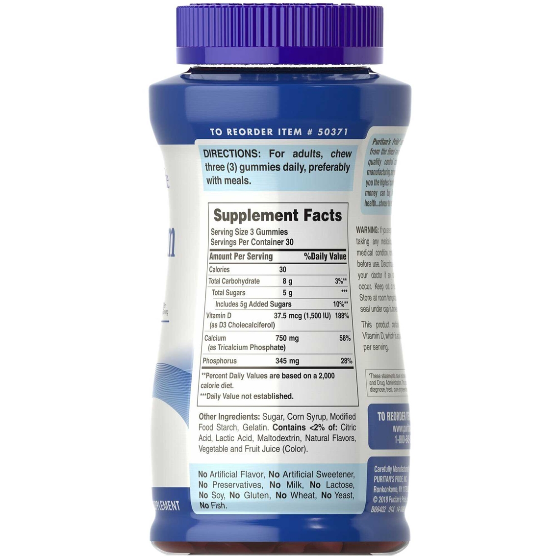 Puritan's Pride Calcium 750 mg Plus Vitamin D 375mcg 1500 IU Gummies 90 ct. - Image 2 of 2
