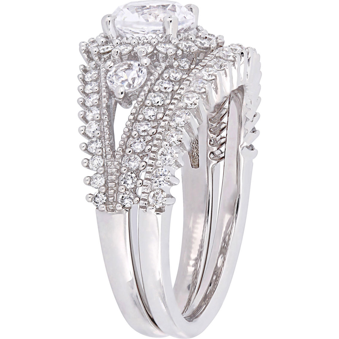 Sofia B. 10K White Gold Created Sapphire and 4/5 CTW Diamond Halo Bridal Ring Set - Image 2 of 5