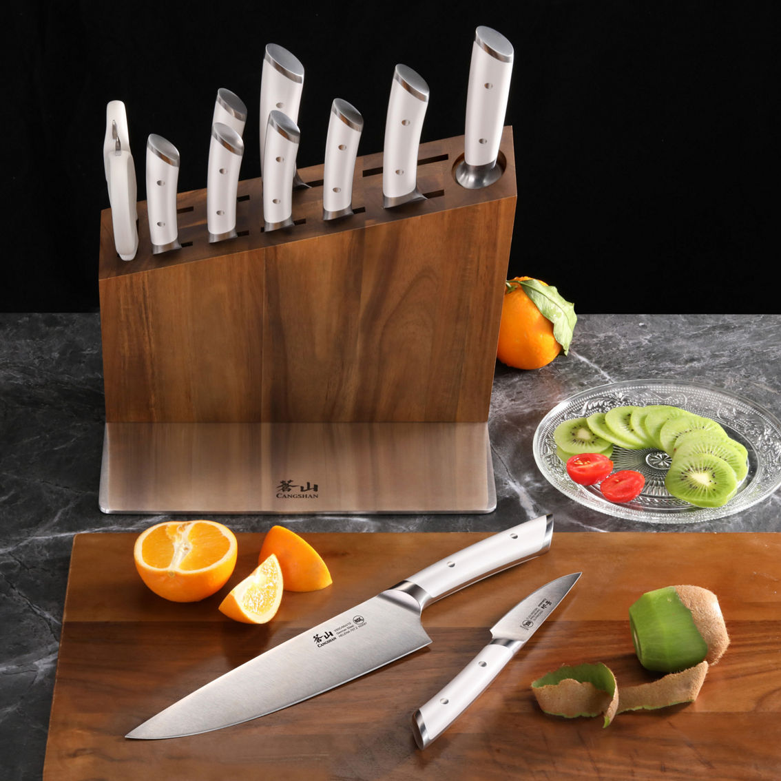 Cangshan Cutlery Helena Series White Forged 12 pc. Hua Knife Block Set Acacia - Image 4 of 6