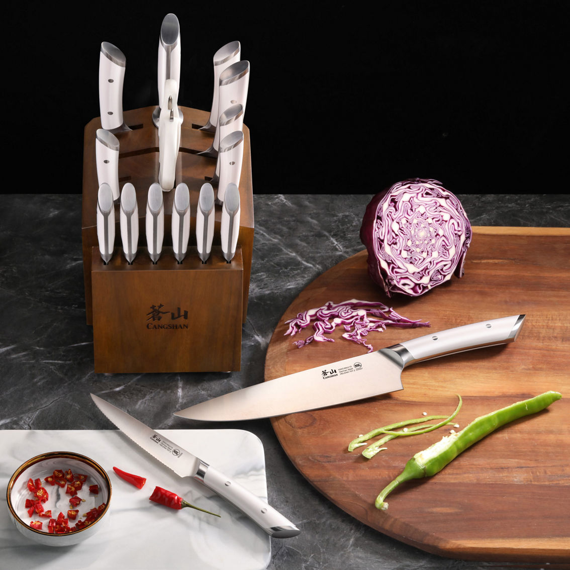 Cangshan Cutlery Helena Series White 17 pc. Forged Knife and Acacia Block Set - Image 5 of 6
