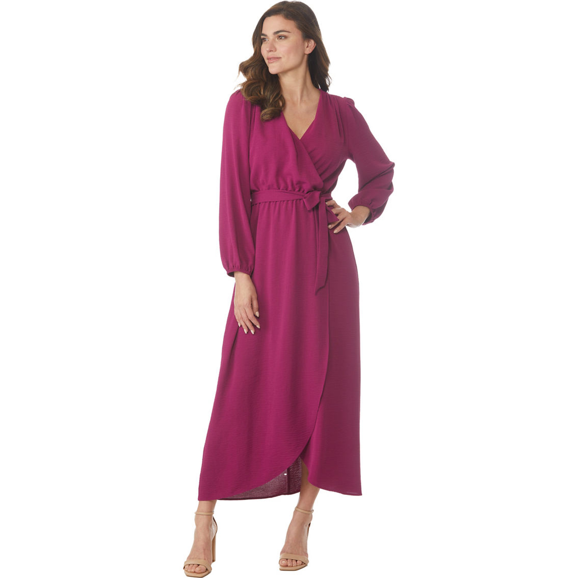 Connected Apparel Balloon Sleeve Faux Wrap Belted Maxi | Dresses ...