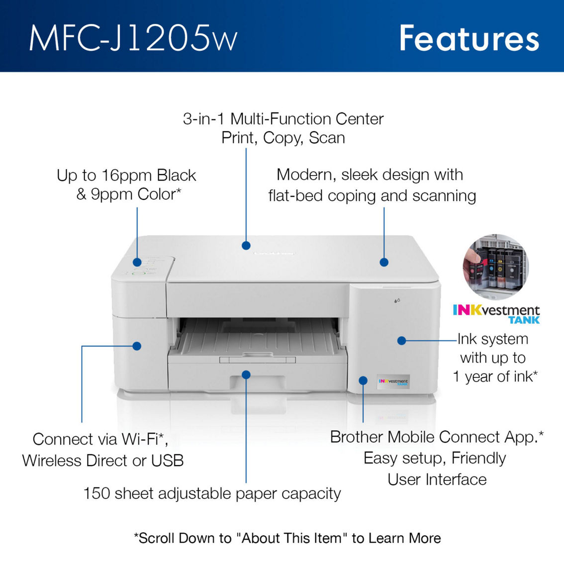 Brother MFC-J1205W INKvestment Tank Wireless Multi-Function Inkjet Printer - Image 3 of 4