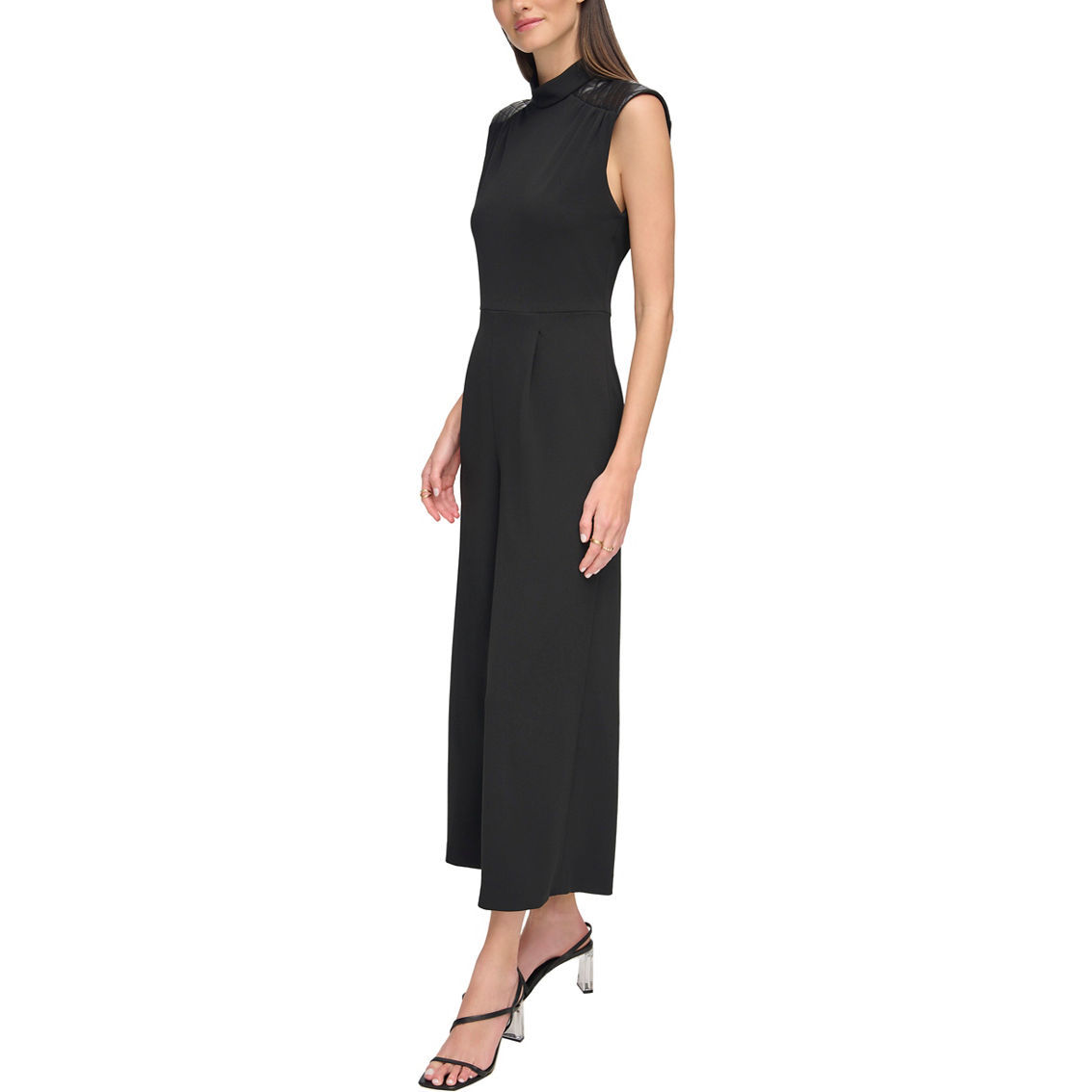 Calvin Klein Mockneck Sleeveless Pu Shoulder Yoke Jumpsuit | Dresses ...