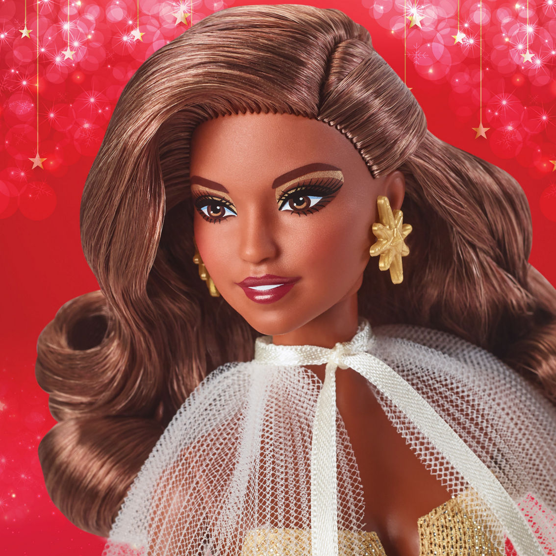 Mattel 2023 Holiday Barbie Doll, Golden Gown & Dark Brown Hair - Image 4 of 6