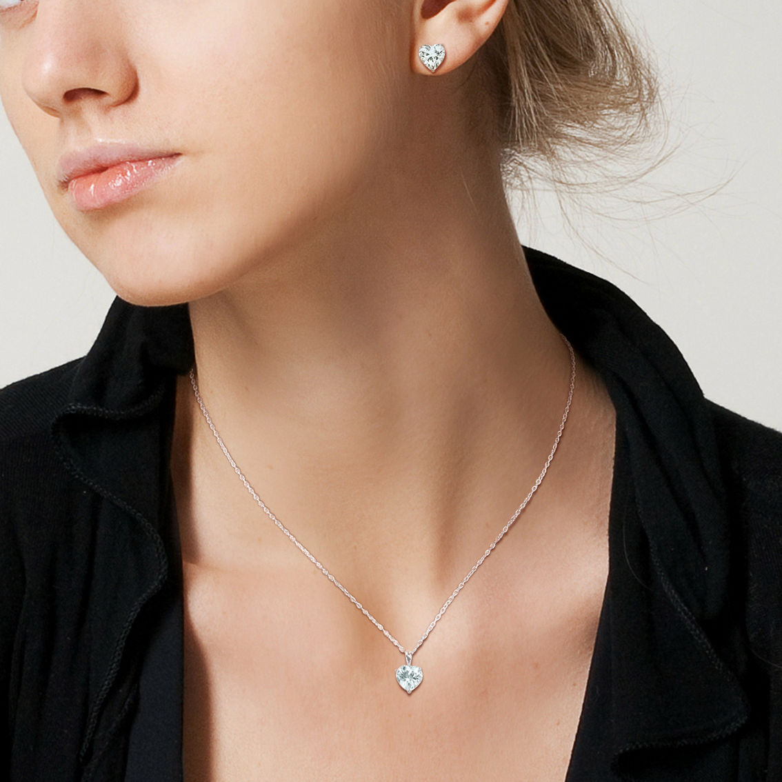 Sofia B. Sterling Silver Heart Aquamarine Solitaire Necklace and Earrings 2 pc. Set - Image 3 of 4