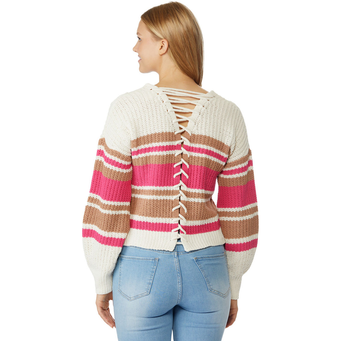 Derek Heart Juniors Mixed Cable Lace Up Back Pullover - Image 2 of 3